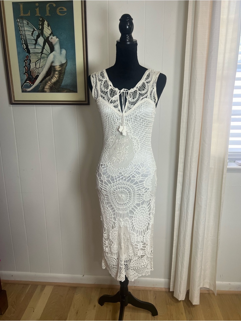 Vintage Cache White Crochet Maxi Fairycore Wedding Sorority Rush Rayon Dress